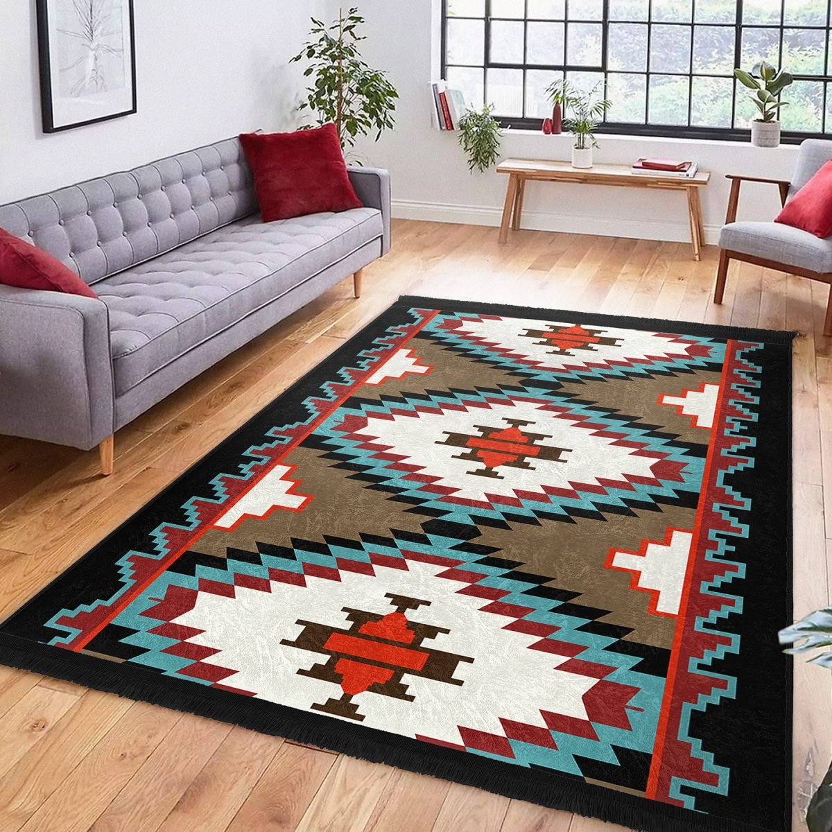 Krem - Ekru Zeminde Kilim Motifli Geleneksel Desenli Geometrik Etnik Motifler Dış Mekan & Outdoor Koridor & Antre Dijital Baskılı Makinede Yıkanabilir Kaymaz Taban Saçaklı Halı Realhomes