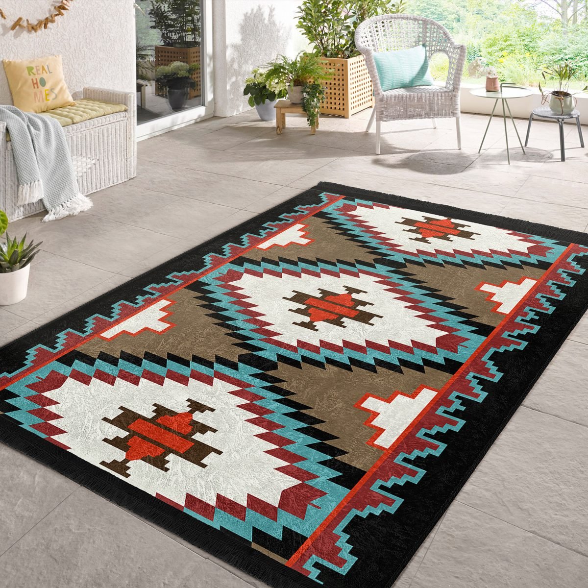 Krem - Ekru Zeminde Kilim Motifli Geleneksel Desenli Geometrik Etnik Motifler Dış Mekan & Outdoor Koridor & Antre Dijital Baskılı Makinede Yıkanabilir Kaymaz Taban Saçaklı Halı Realhomes