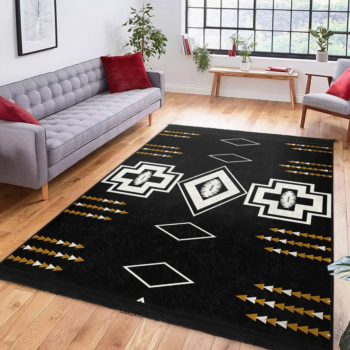 Siyah Zeminde Kilim Motifli Geometrik Desenli Vintage Geometrik Koridor & Antre Salon & Oturma Odası Dijital Baskılı Makinede Yıkanabilir Kaymaz Taban Saçaklı Halı Realhomes