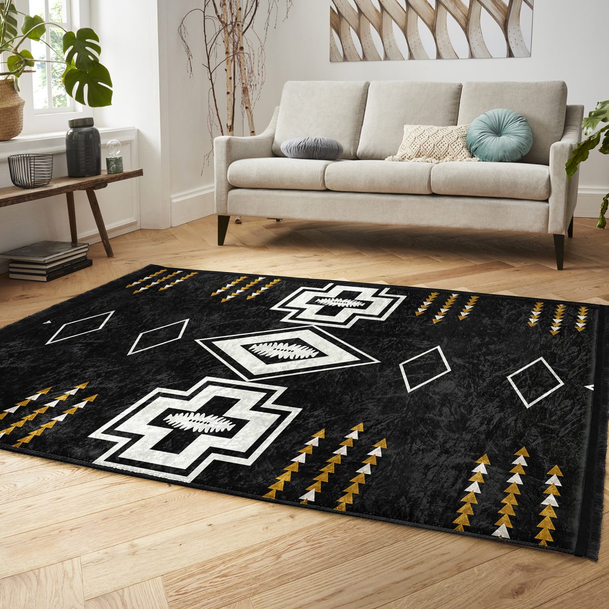 Siyah Zeminde Kilim Motifli Geometrik Desenli Vintage Geometrik Koridor & Antre Salon & Oturma Odası Dijital Baskılı Makinede Yıkanabilir Kaymaz Taban Saçaklı Halı Realhomes