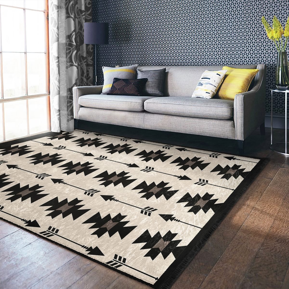 Siyah - Krem Zeminde Kilim Motifli Geometrik Desenli Geometrik Sade & Şık Salon & Oturma Odası Koridor & Antre Dijital Baskılı Makinede Yıkanabilir Kaymaz Taban Saçaklı Halı Realhomes