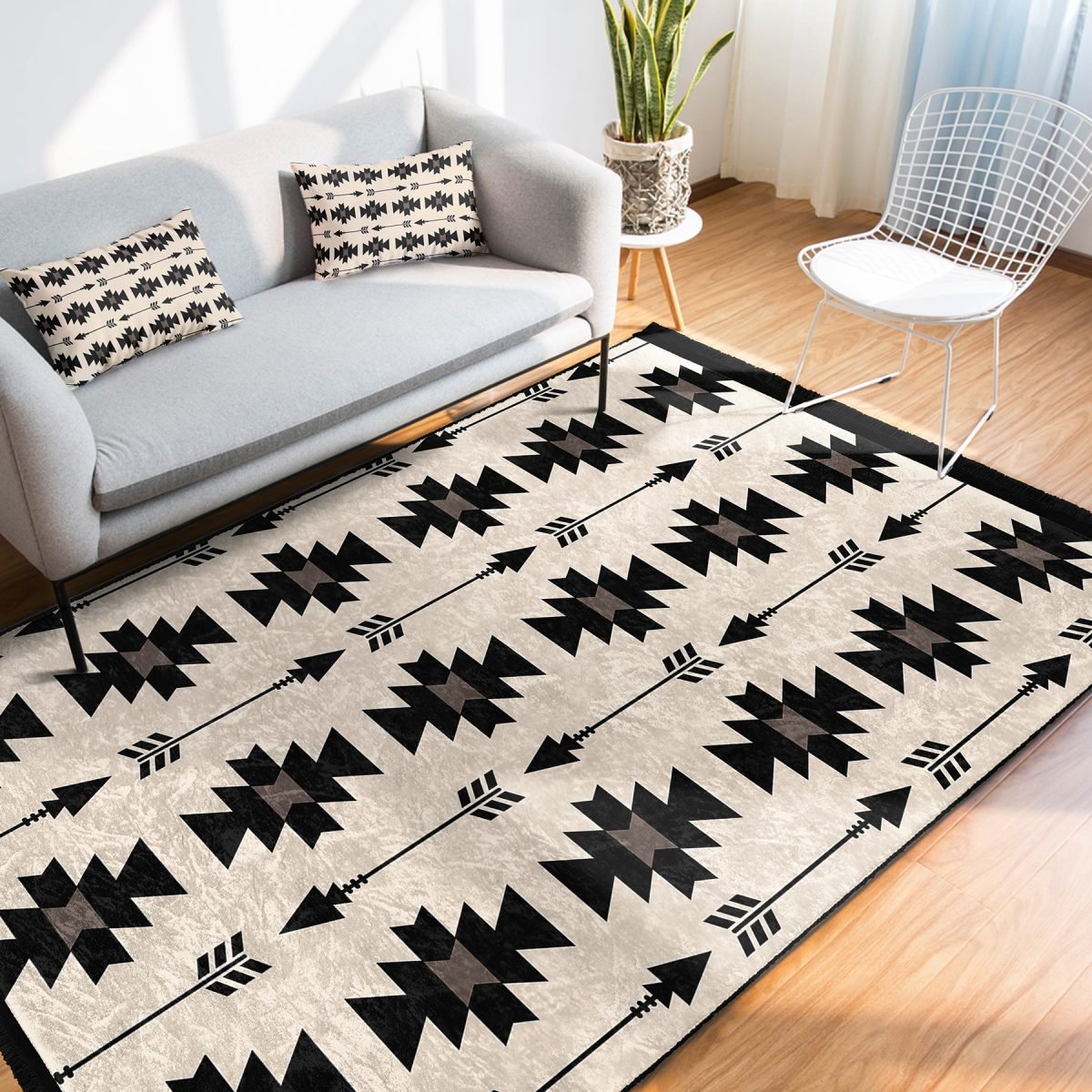 Siyah - Krem Zeminde Kilim Motifli Geometrik Desenli Geometrik Sade & Şık Salon & Oturma Odası Koridor & Antre Dijital Baskılı Makinede Yıkanabilir Kaymaz Taban Saçaklı Halı Realhomes