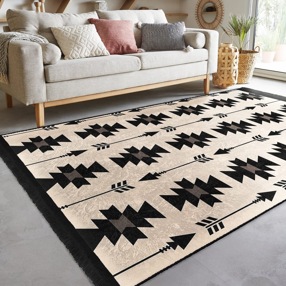 Siyah - Krem Zeminde Kilim Motifli Geometrik Desenli Geometrik Sade & Şık Salon & Oturma Odası Koridor & Antre Dijital Baskılı Makinede Yıkanabilir Kaymaz Taban Saçaklı Halı Realhomes