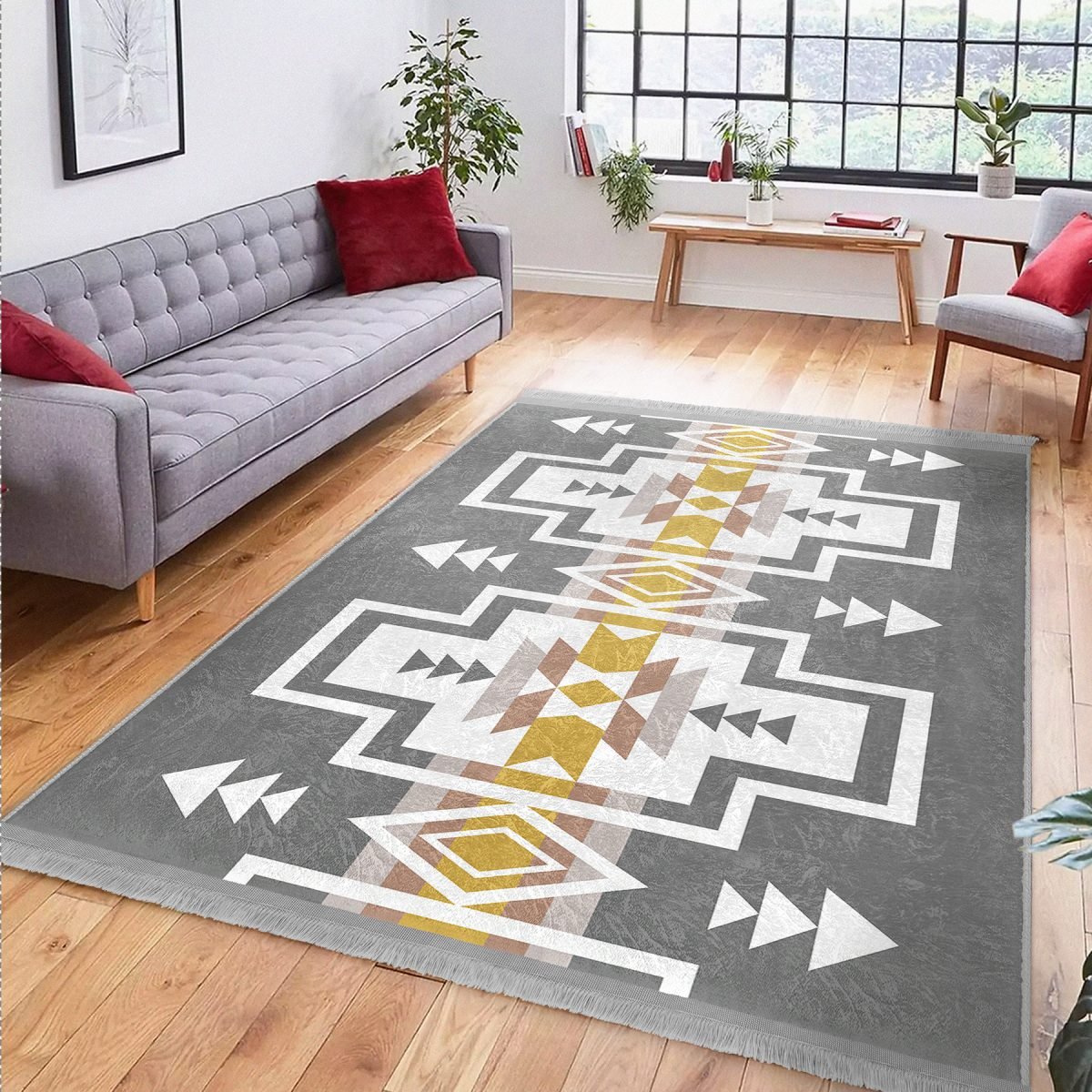 Gri Zeminde Tribal Motifli Geometrik Desenli Etnik Motifler Vintage Salon & Oturma Odası Koridor & Antre Dijital Baskılı Makinede Yıkanabilir Kaymaz Taban Saçaklı Halı Realhomes