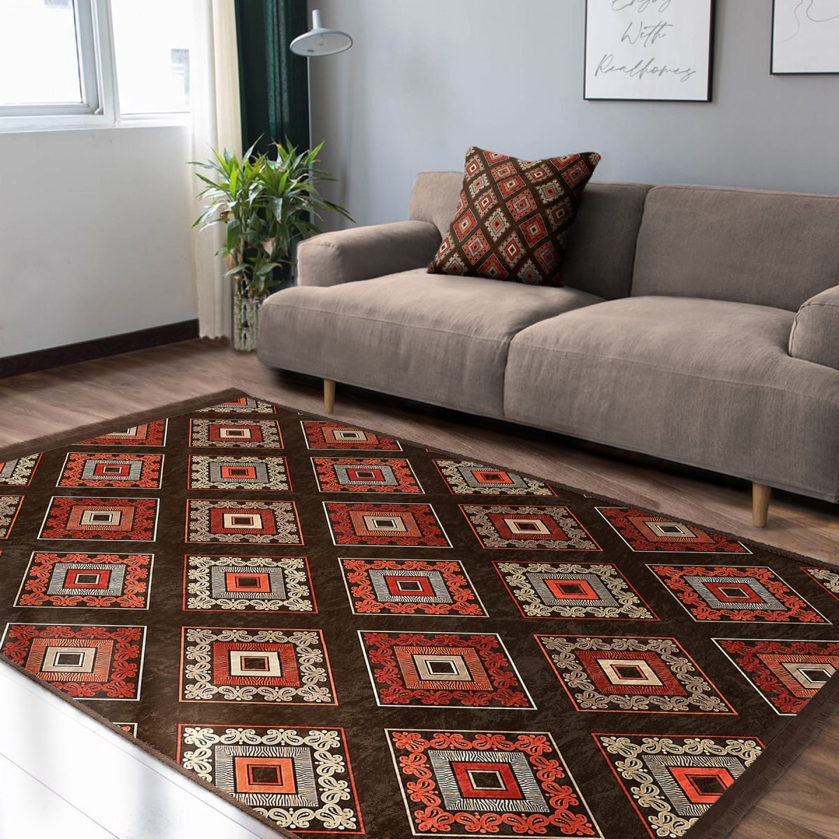 Kahverengi Zeminde Geleneksel Motifli Kilim Desenli Geometrik Etnik Motifler Koridor & Antre Dış Mekan & Outdoor Dijital Baskılı Makinede Yıkanabilir Kaymaz Taban Saçaklı Halı Realhomes