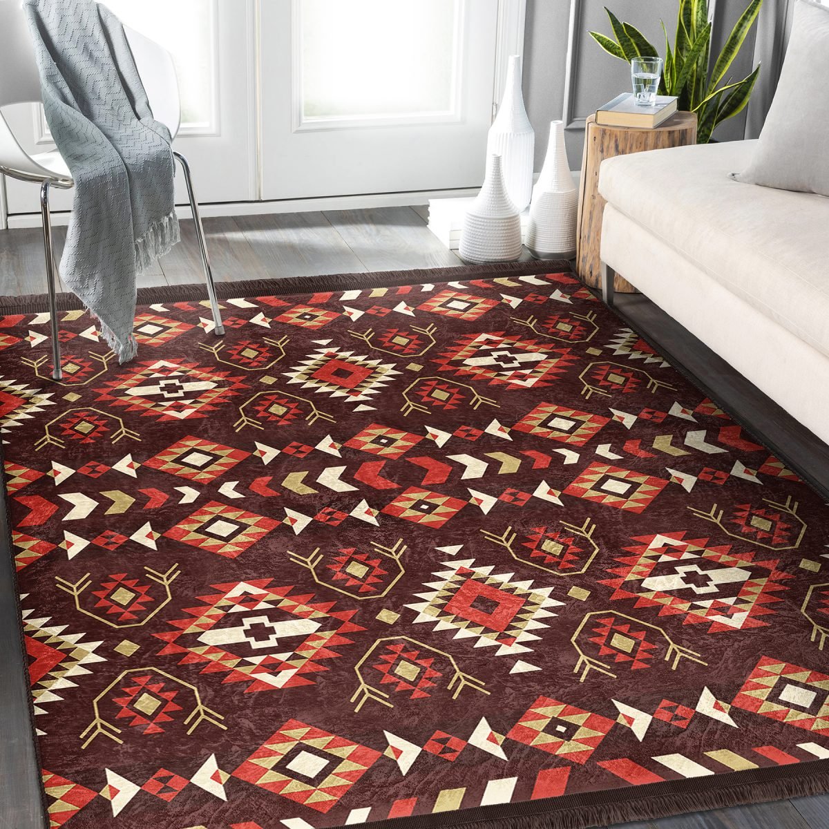 Kahverengi Zeminde Etnik Motifli Kilim Desenli Vintage Etnik Motifler Salon & Oturma Odası Yatak Odası Dijital Baskılı Makinede Yıkanabilir Kaymaz Taban Saçaklı Halı Realhomes