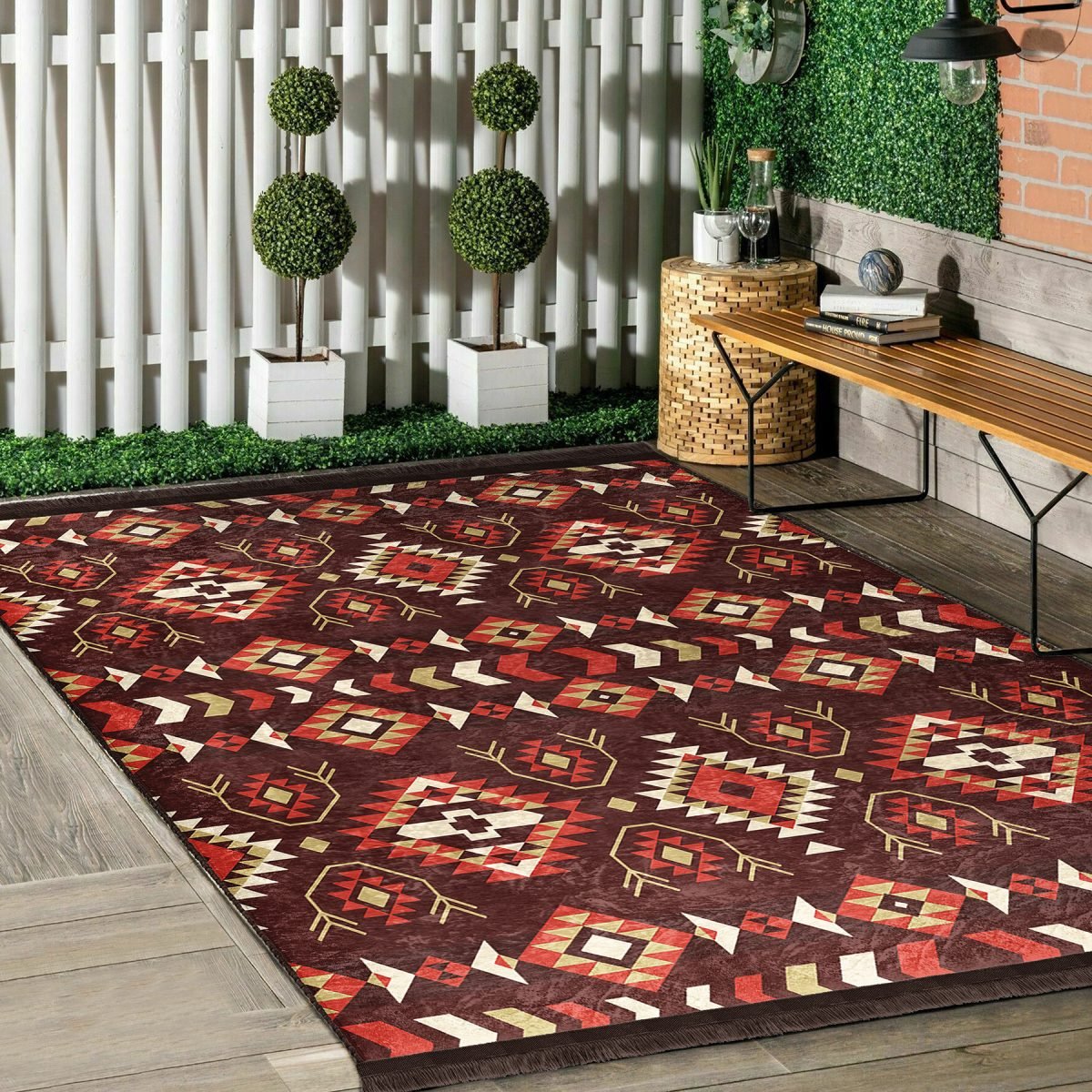 Kahverengi Zeminde Etnik Motifli Kilim Desenli Vintage Etnik Motifler Salon & Oturma Odası Yatak Odası Dijital Baskılı Makinede Yıkanabilir Kaymaz Taban Saçaklı Halı Realhomes