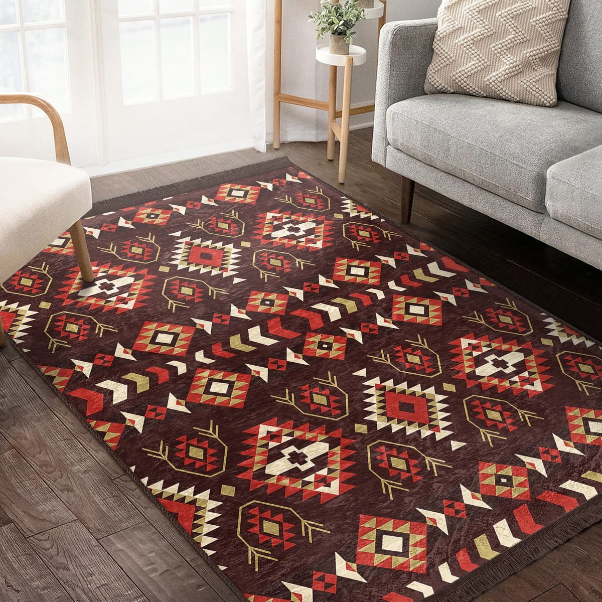 Kahverengi Zeminde Etnik Motifli Kilim Desenli Vintage Etnik Motifler Salon & Oturma Odası Yatak Odası Dijital Baskılı Makinede Yıkanabilir Kaymaz Taban Saçaklı Halı Realhomes