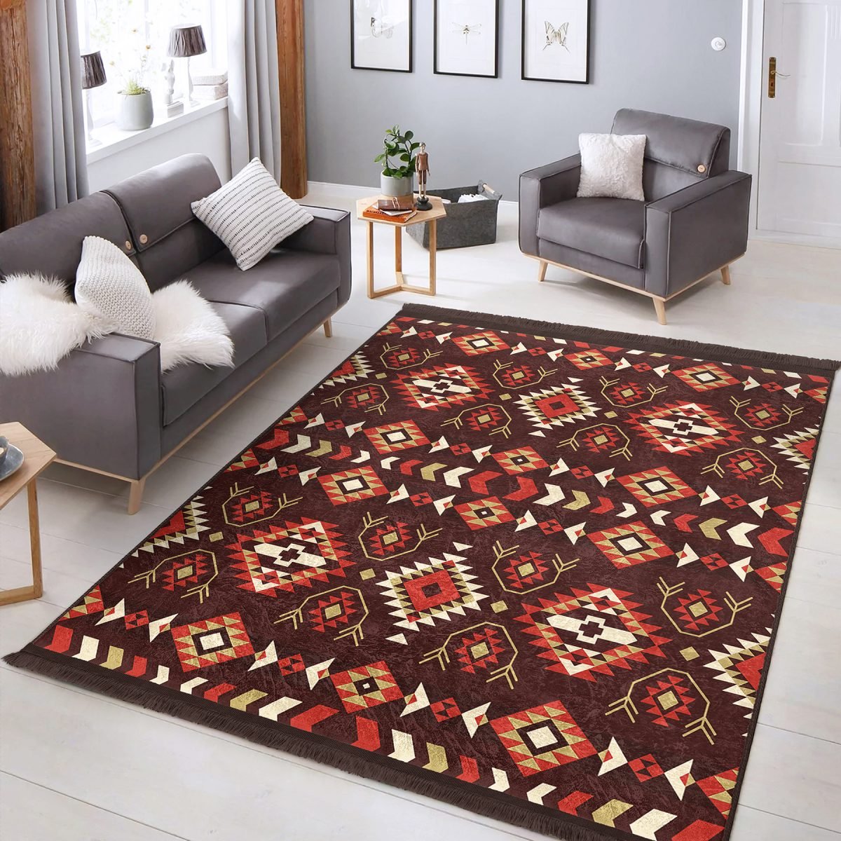 Kahverengi Zeminde Etnik Motifli Kilim Desenli Vintage Etnik Motifler Salon & Oturma Odası Yatak Odası Dijital Baskılı Makinede Yıkanabilir Kaymaz Taban Saçaklı Halı Realhomes