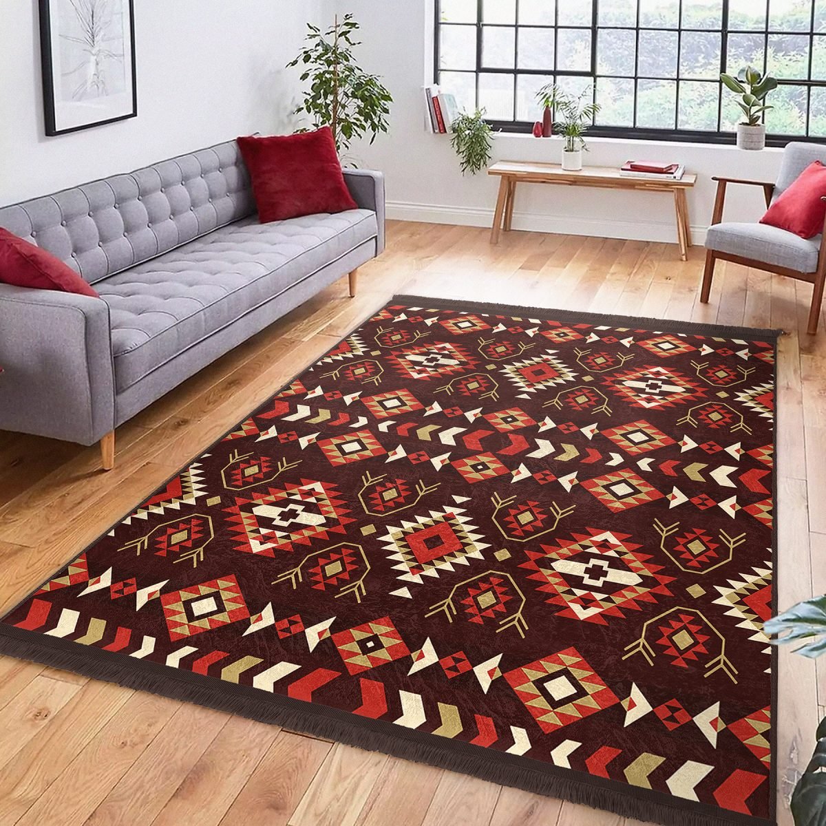 Kahverengi Zeminde Etnik Motifli Kilim Desenli Vintage Etnik Motifler Salon & Oturma Odası Yatak Odası Dijital Baskılı Makinede Yıkanabilir Kaymaz Taban Saçaklı Halı Realhomes