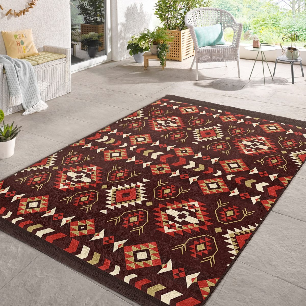 Kahverengi Zeminde Etnik Motifli Kilim Desenli Vintage Etnik Motifler Salon & Oturma Odası Yatak Odası Dijital Baskılı Makinede Yıkanabilir Kaymaz Taban Saçaklı Halı Realhomes