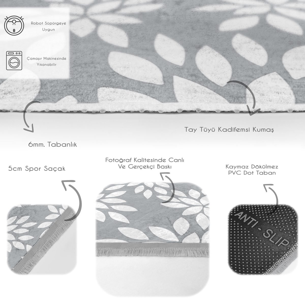 Gri - Beyaz Zeminde Yaprak Motifli Klasik Desenli Floral Sade & Şık Banyo Ofis Dijital Baskılı Makinede Yıkanabilir Kaymaz Taban Saçaklı Halı Realhomes