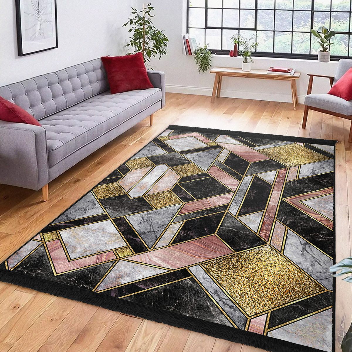 Abstract Zeminde Modern Motifli Mermer Desenli Geometrik Modern Koridor & Antre Salon & Oturma Odası Dijital Baskılı Makinede Yıkanabilir Kaymaz Taban Saçaklı Halı Realhomes