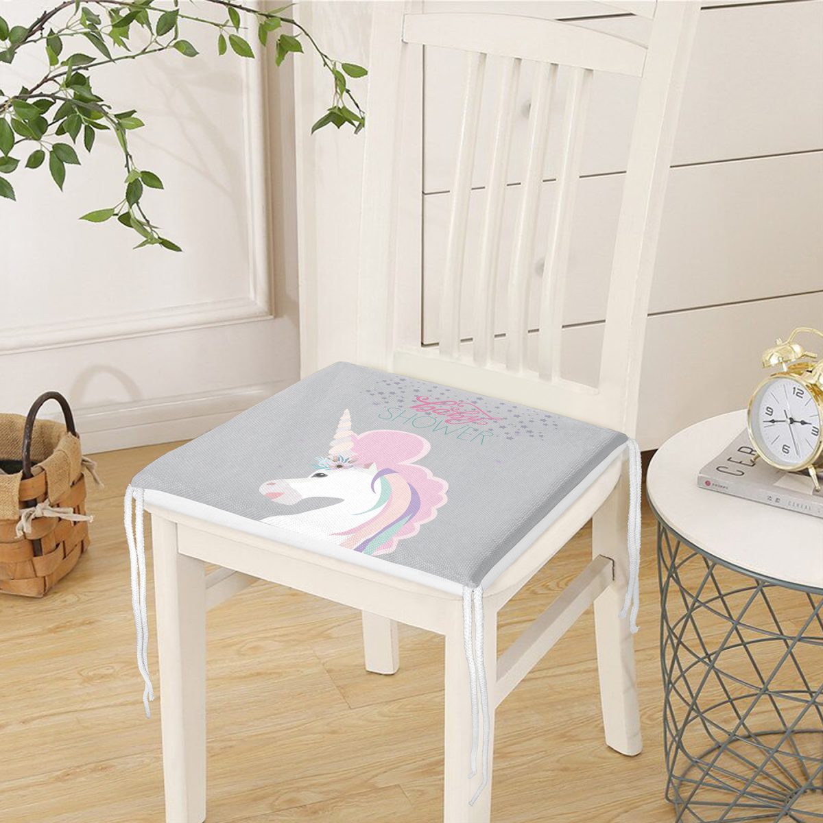 Gri Zeminde Baby Shower Unicorn At Tasarımlı Modern Fermuarlı Sandalye Minderi Realhomes