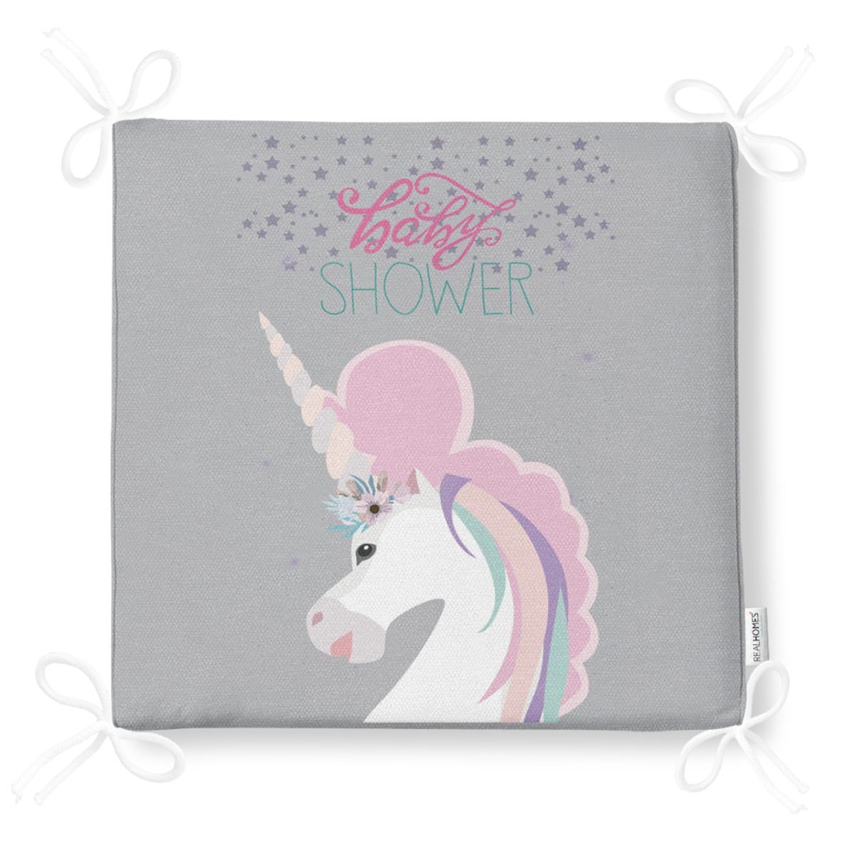 Gri Zeminde Baby Shower Unicorn At Tasarımlı Modern Fermuarlı Sandalye Minderi Realhomes