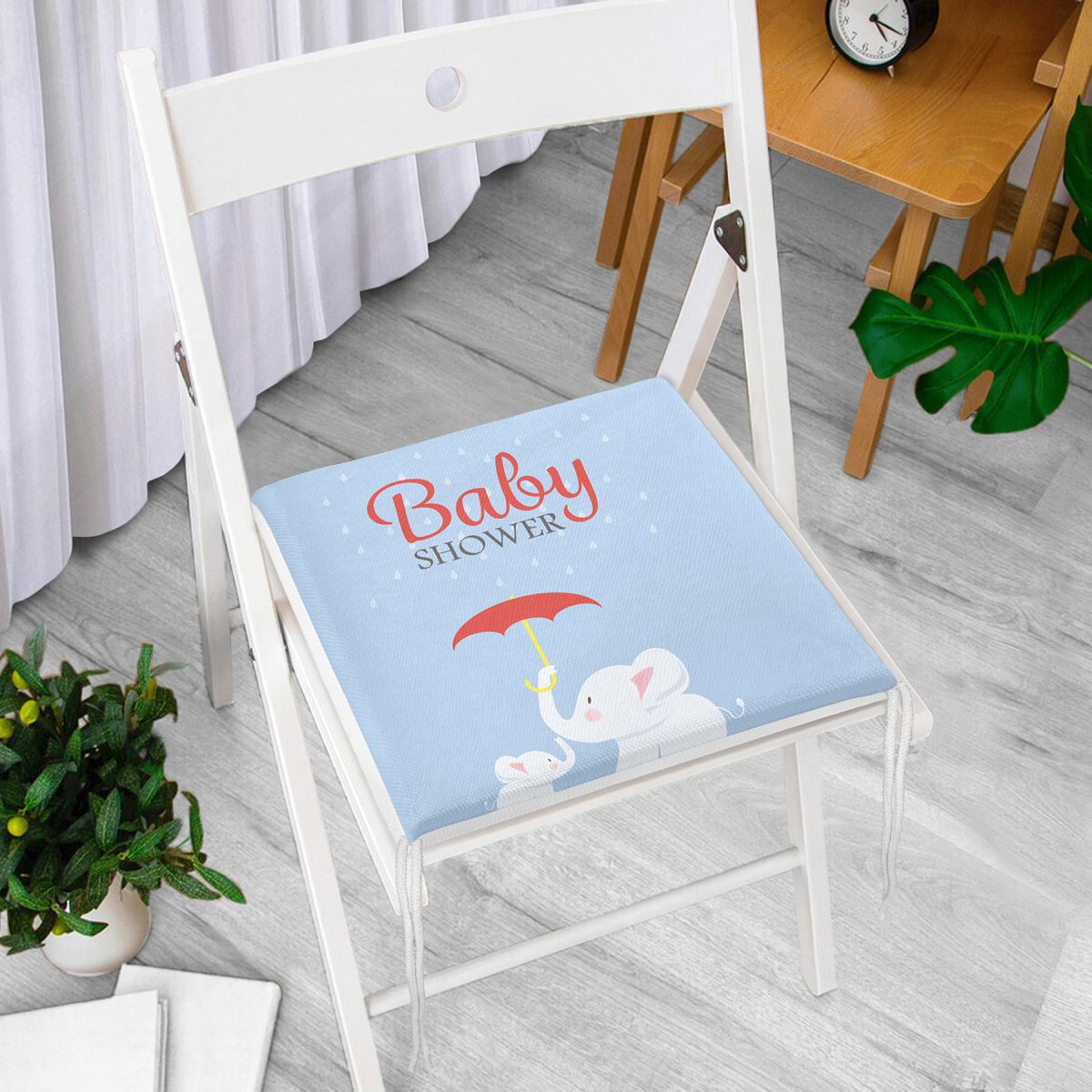 Mavi Zemin Fil Desenli Baby Shower Özel Tasarımlı Dijital Baskılı Çocuk Odası Fermuarlı Sandalye Minderi Realhomes