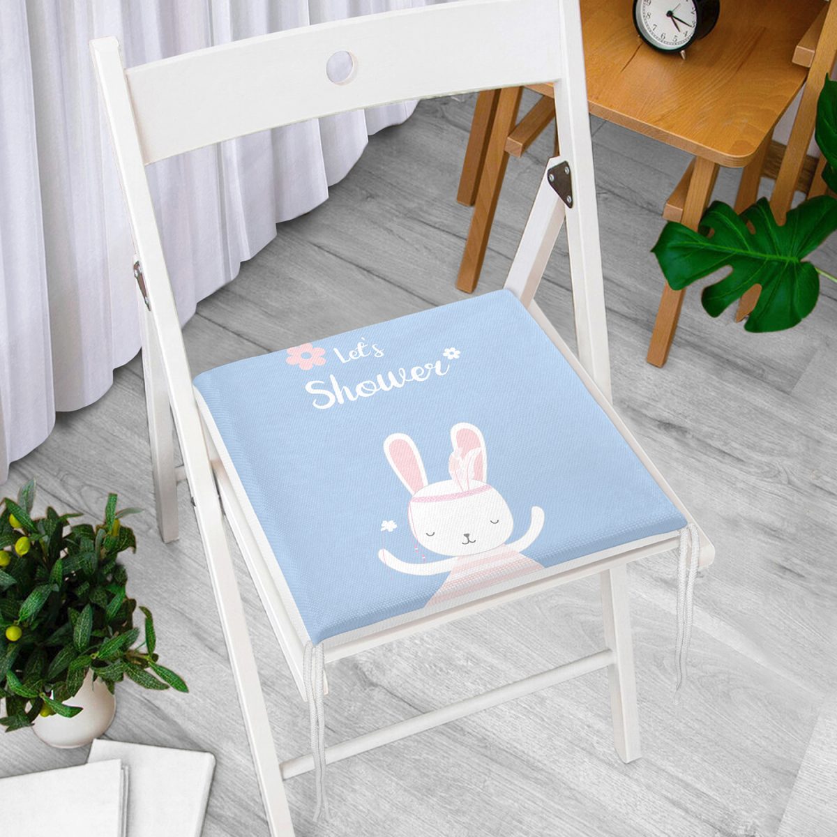 Mavi Zemin Baby Shower Temalı Tavşan Desenli Dijital Baskılı Çocuk Odası Fermuarlı Sandalye Minderi Realhomes