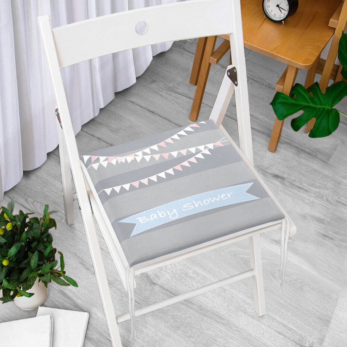 Gri Çizgili Baby Shower Temalı Çocuk Odası Fermuarlı Sandalye Minderi Realhomes