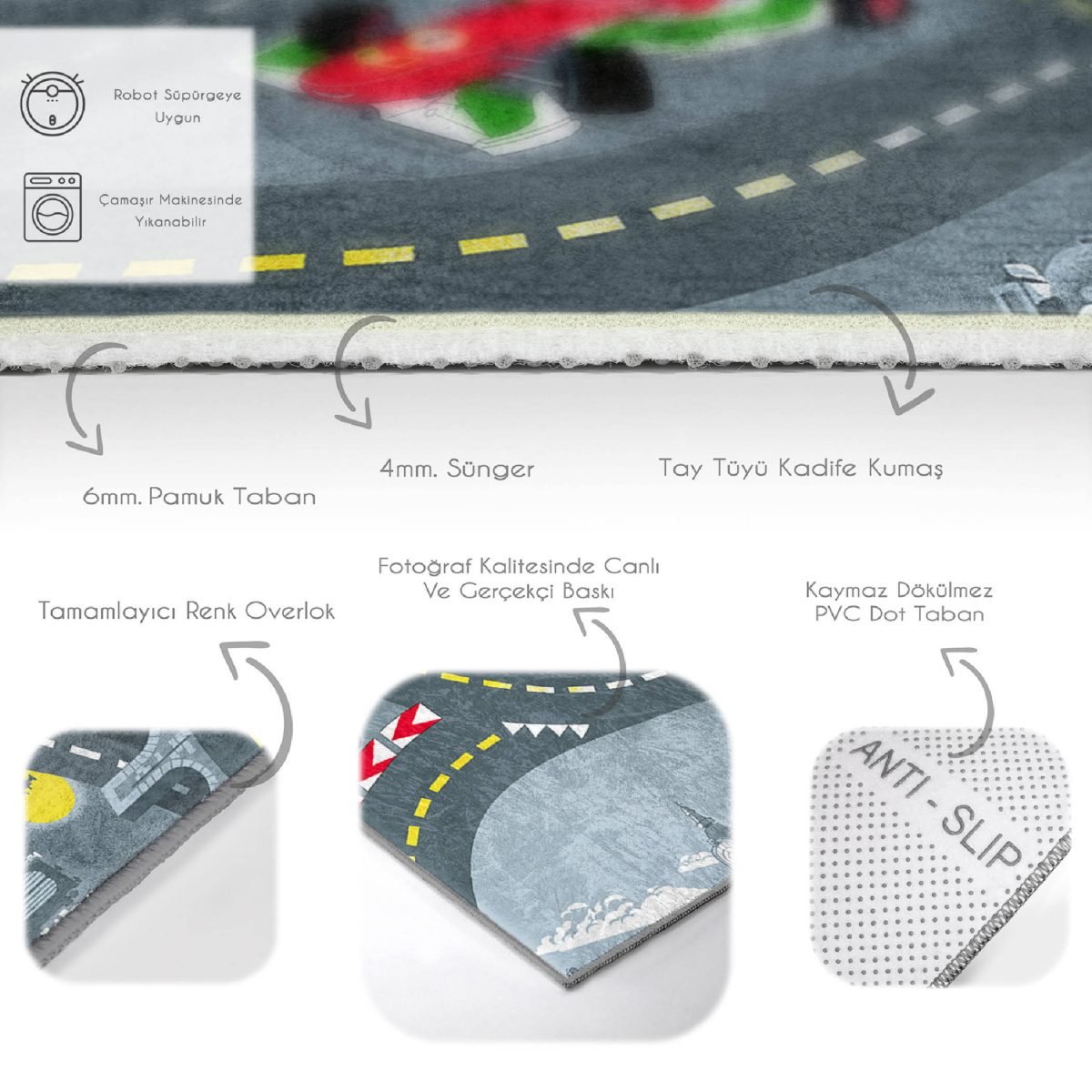 Yarış Arabaları Oyun Yolu Tasarımlı Çocuk & Genç Odası Makinede Yıkanabilir Kaymaz Tabanlı Dikdörtgen Özel Ölçü Çocuk Oyun Halısı Realhomes