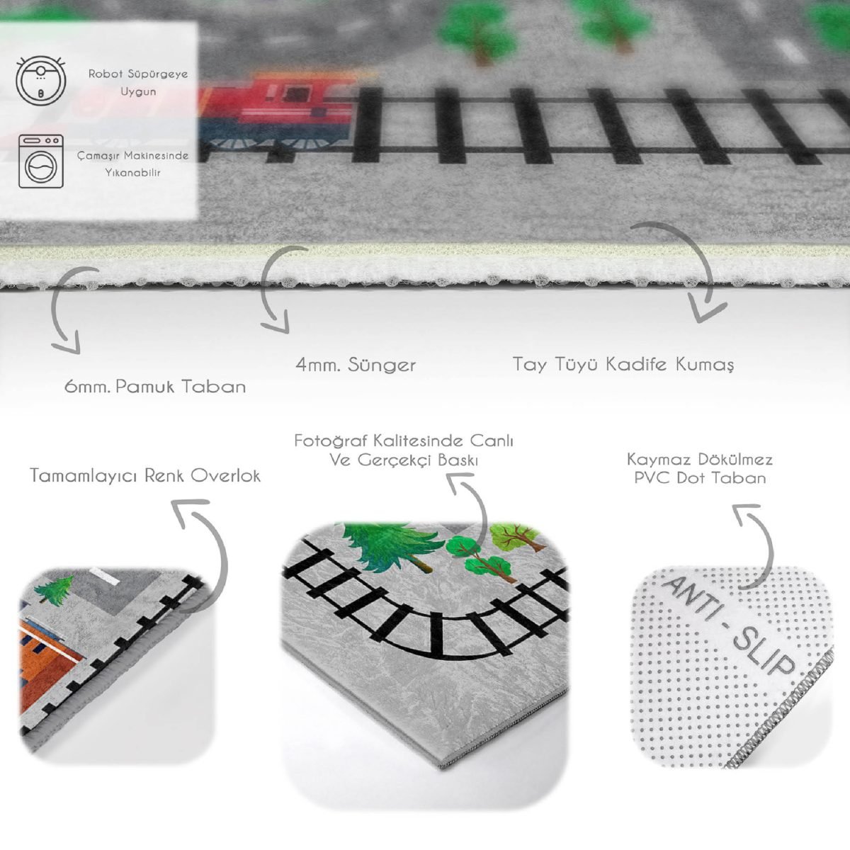 Tren Yolu Araba Oyun Tasarımlı Çocuk & Genç Odası Makinede Yıkanabilir Kolay Temizlenebilir Kaymaz Tabanlı Dikdörtgen Çocuk Oyun Halısı Realhomes