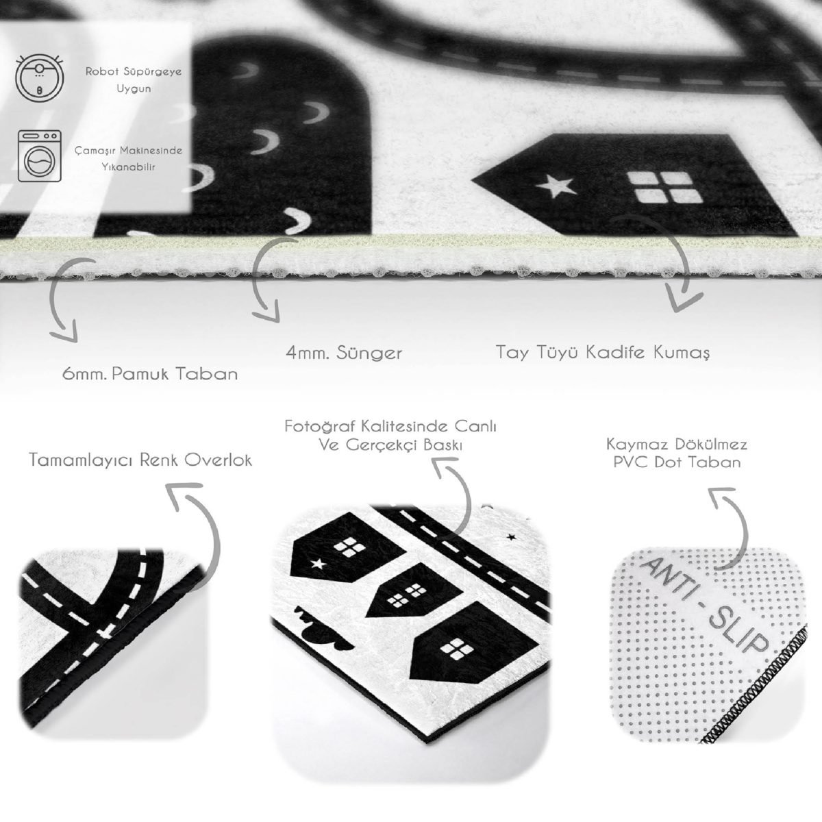 Siyah Beyaz Araba Oyun Yolu Tasarımlı Çocuk & Genç Odası Makinede Yıkanabilir Leke Tutmaz Kaymaz Tabanlı Dikdörtgen Çocuk Oyun Halısı Realhomes