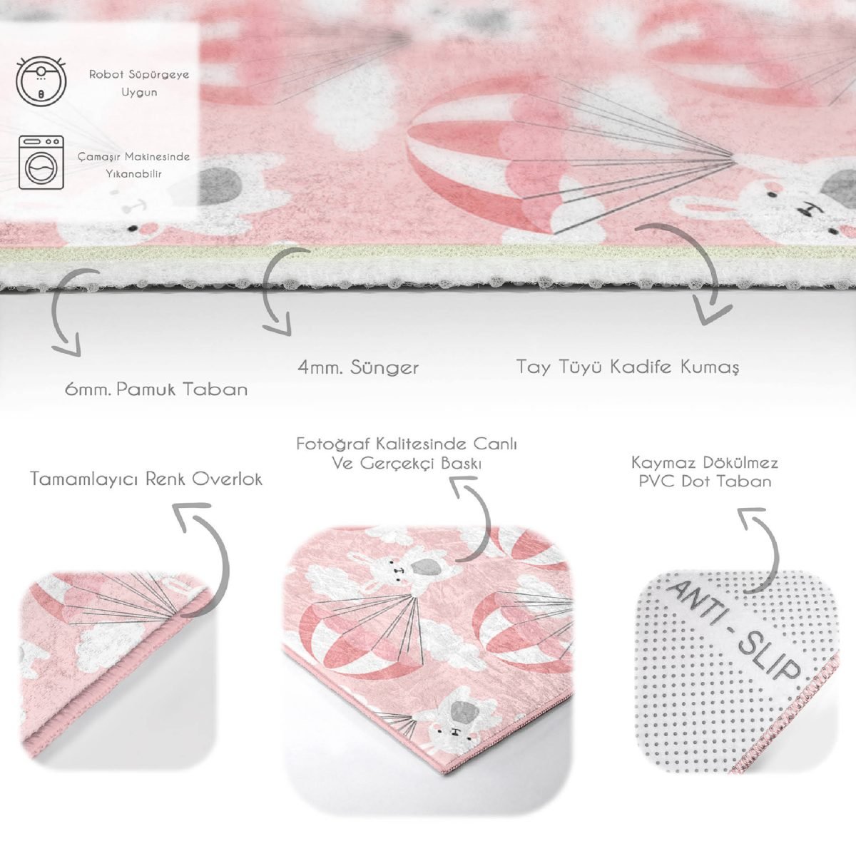 Paraşütlü Tavşan Motifli Çocuk & Genç Odası Makinede Yıkanabilir Kaymaz Tabanlı Leke Tutmaz Dikdörtgen Özel Ölçü Çocuk Odası Halısı Realhomes