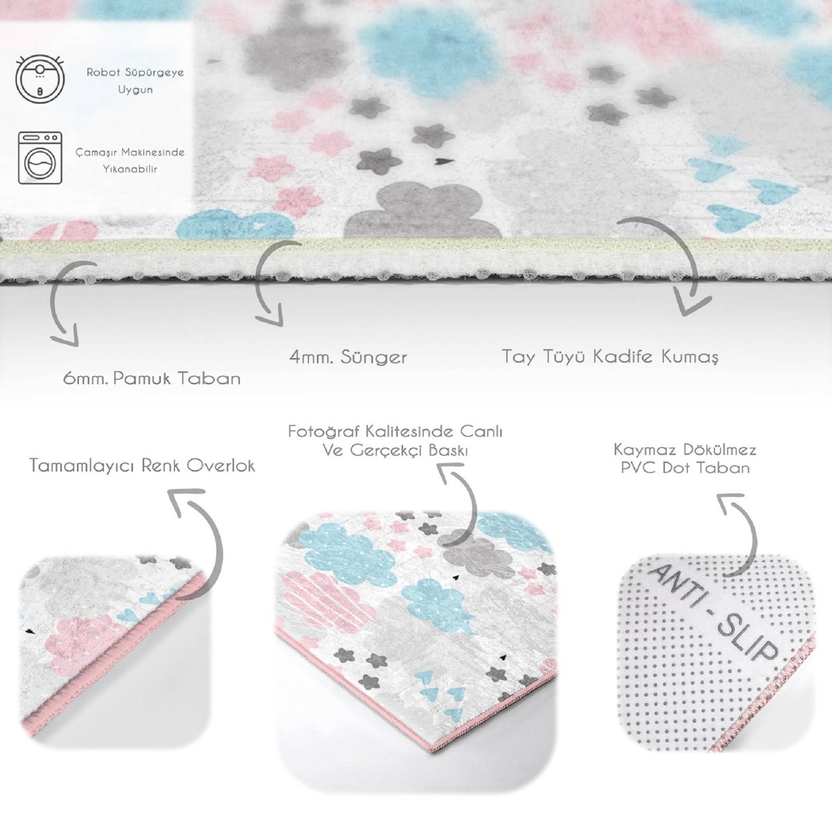 Renkli Bulutlar Tasarımlı Çocuk & Genç Odası Makinede Yıkanabilir Kolay Temizlenebilir Leke Tutmaz Kaymaz Tabanlı Dikdörtgen & Kare Çocuk Halısı Realhomes