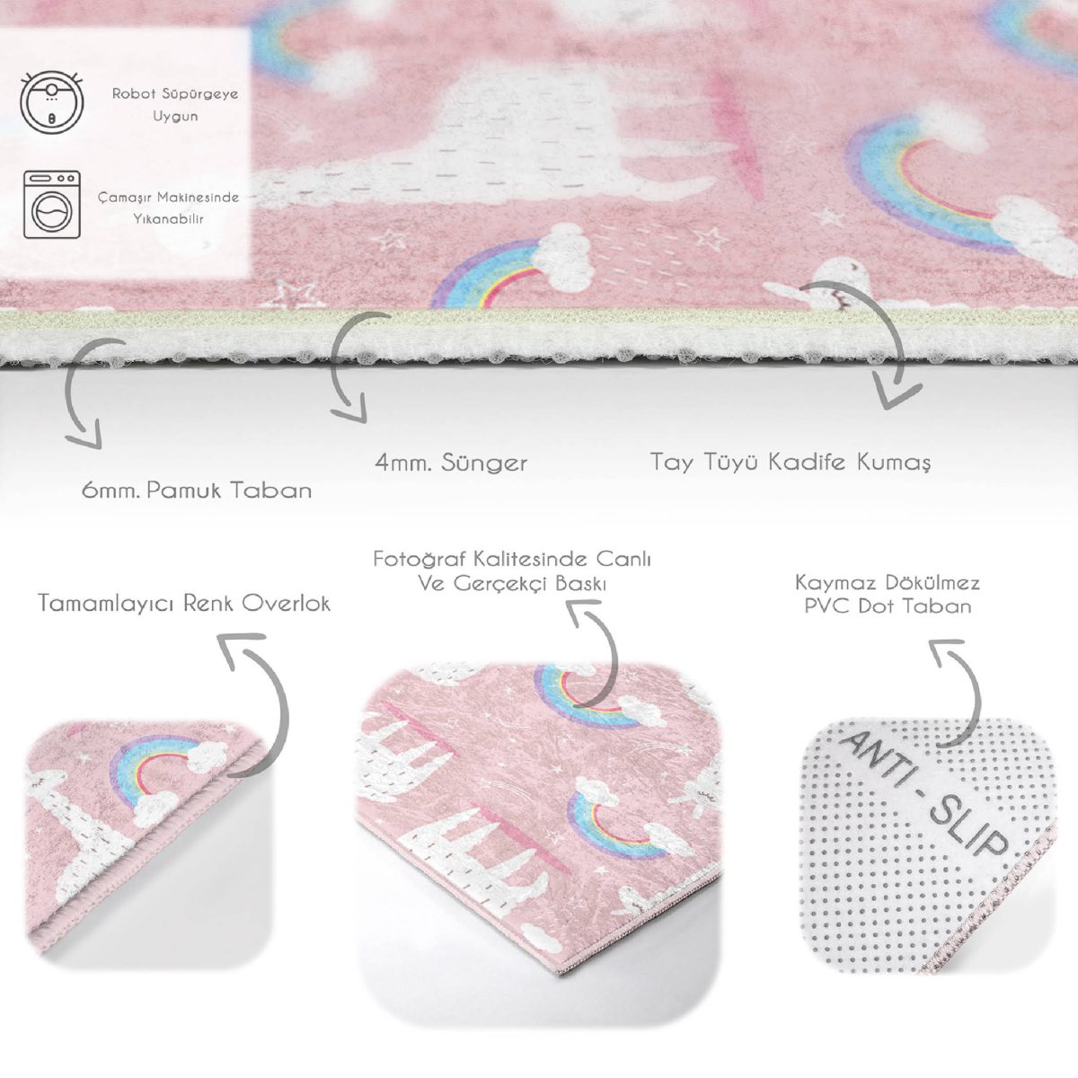Pembe Zeminde Lama Ve Gök Kuşağı Çocuk & Genç Odası Makinede Yıkanabilir Dekoratif Kaymaz Tabanlı Dikdörtgen Leke Tutmaz Çocuk Halısı Realhomes
