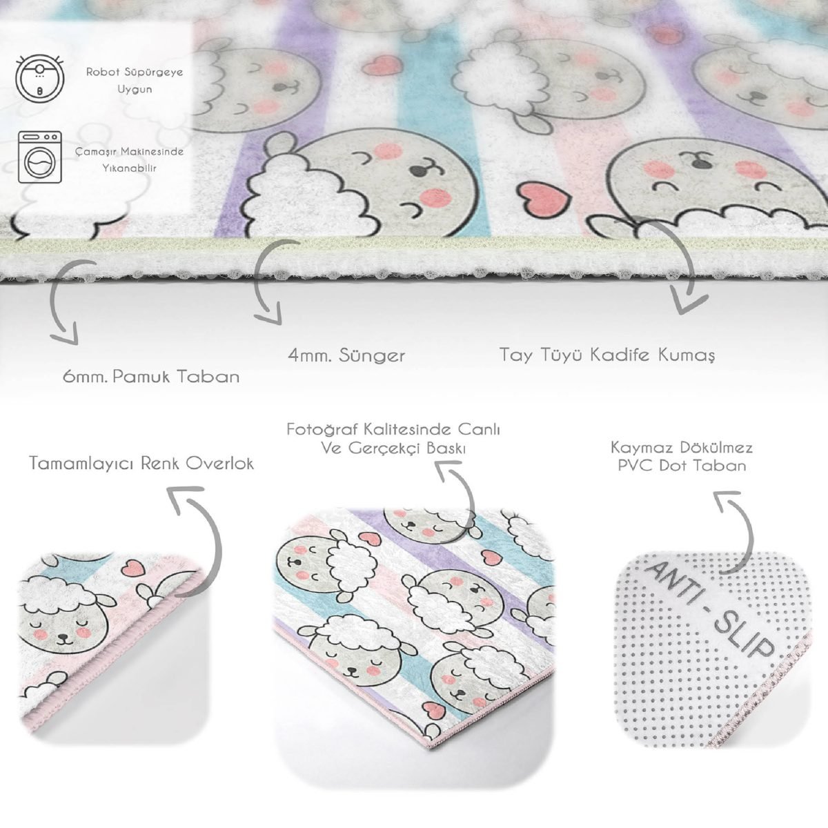 Uyuyan Koyunlar Sevimli Tasarım Çocuk & Genç Odası Makinede Yıkanabilir Kaymaz Tabanlı Dikdörtgen Özel Ölçü Çocuk Odası Halısı Realhomes