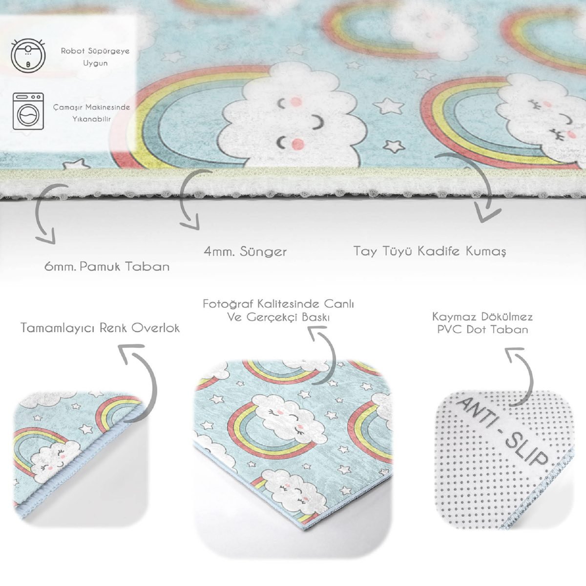 Sevimli Bulutlar Ve Gökkuşağı Motifli Çocuk & Genç Odası Makinede Yıkanabilir Kaymaz Tabanlı Dikdörtgen Pamuk Tabanlı Çocuk Odası Halısı Realhomes