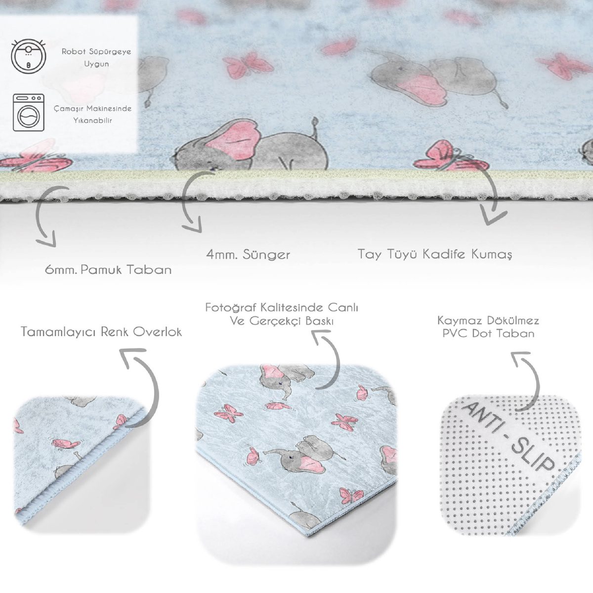 Fil Ve Kelebek Desenli Çocuk & Genç Odası Makinede Yıkanabilir Kaymaz Tabanlı Dikdörtgen Dekoratif Özel Ölçü Çocuk Odası Halısı Realhomes