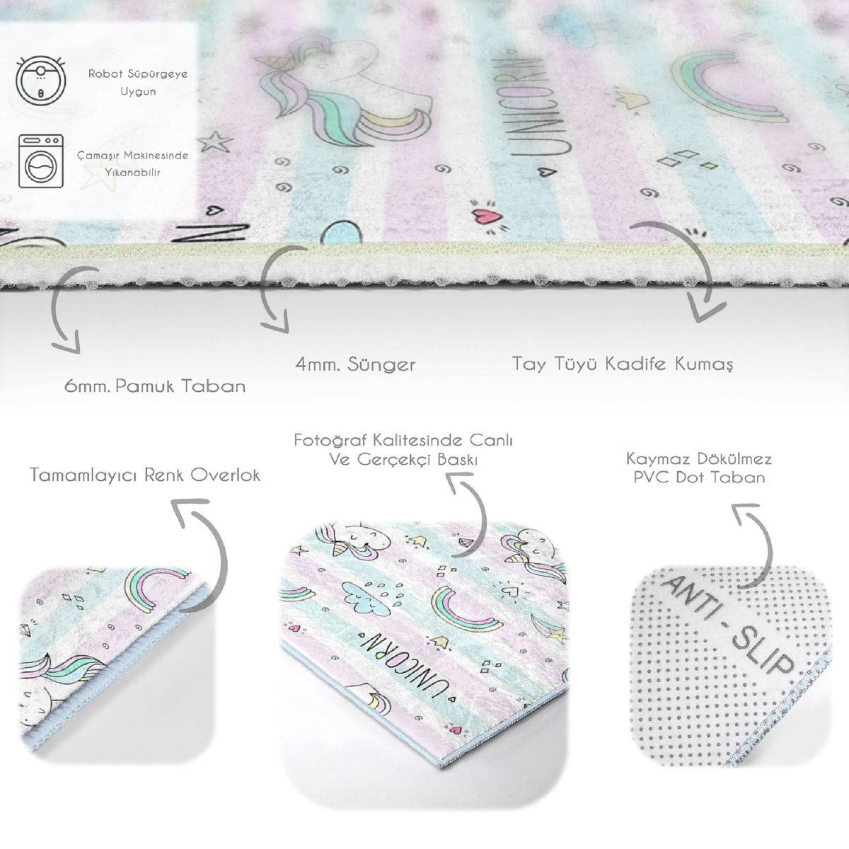 Unicorn Ve Gökkuşağı Desenli Çocuk & Genç Odası Makinede Yıkanabilir Kaymaz Tabanlı Özel Ölçü Dekoratif Dikdörtgen Çocuk Halısı Realhomes