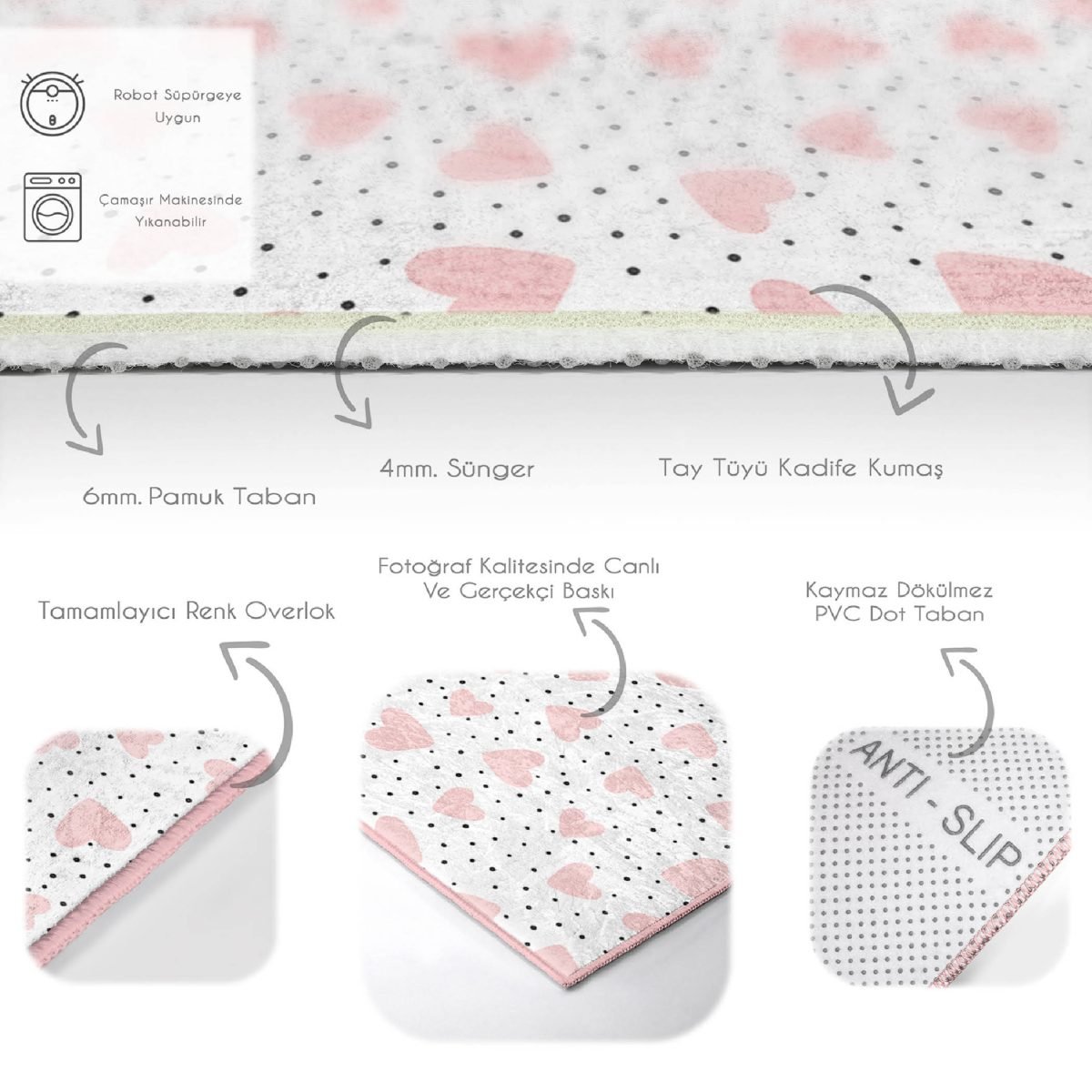Puanlı Zeminde Pembe Kalpler Çocuk & Genç Odası Makinede Yıkanabilir Kaymaz Tabanlı Dikdörtgen & Kare Dekoratif Özel Ölçü Çocuk Halısı Realhomes