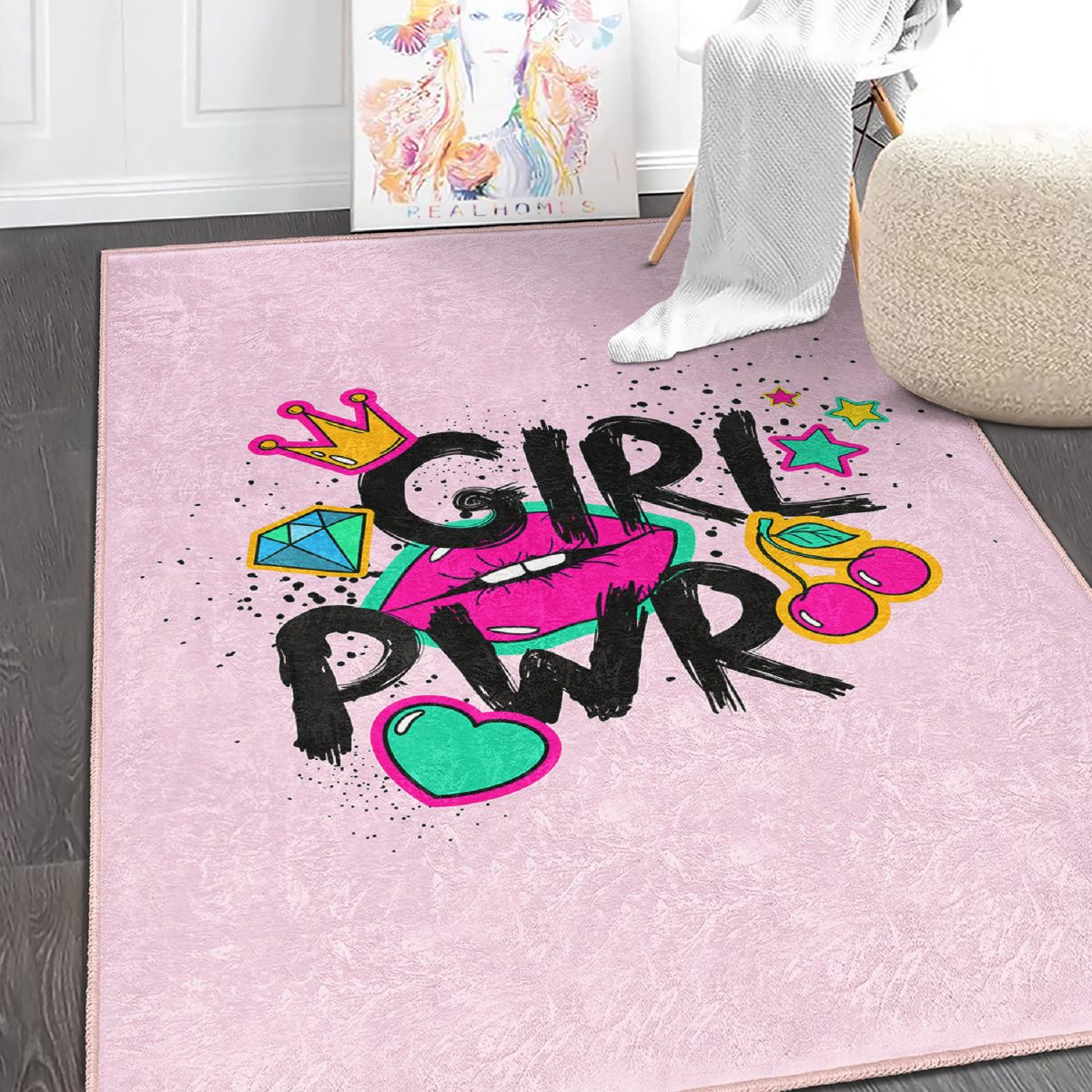 Dudak Girl Power Çocuk & Genç Odası Makinede Yıkanabilir Kaymaz Tabanlı Özel Ölçü Dekoratif Dikdörtgen & Kare Çocuk Halısı Realhomes