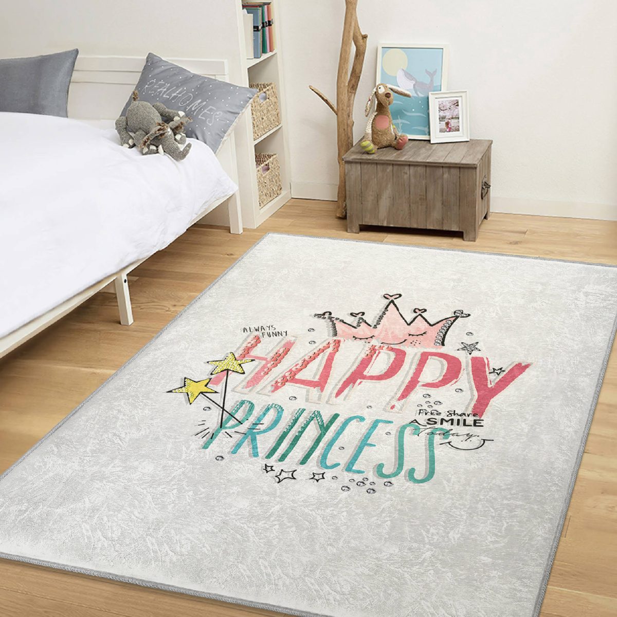 Happy Princess Yazı Desenli Çocuk & Genç Odası Makinede Yıkanabilir Kaymaz Tabanlı Özel Ölçü Dikdörtgen Pamuk Tabanlı Çocuk Halısı Realhomes