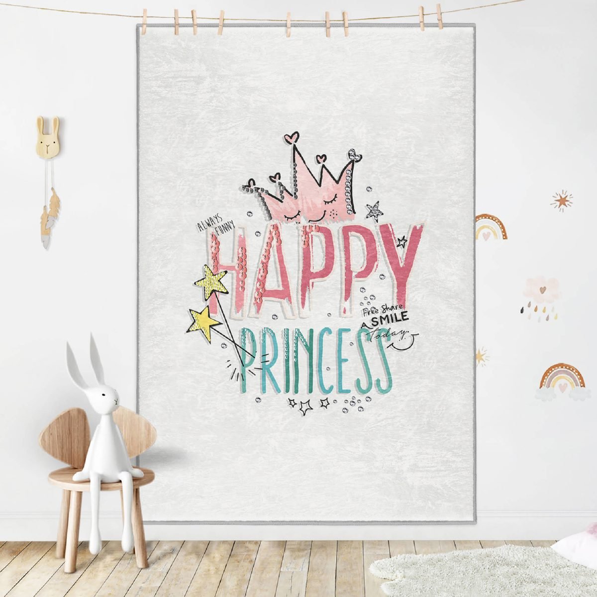 Happy Princess Yazı Desenli Çocuk & Genç Odası Makinede Yıkanabilir Kaymaz Tabanlı Özel Ölçü Dikdörtgen Pamuk Tabanlı Çocuk Halısı Realhomes