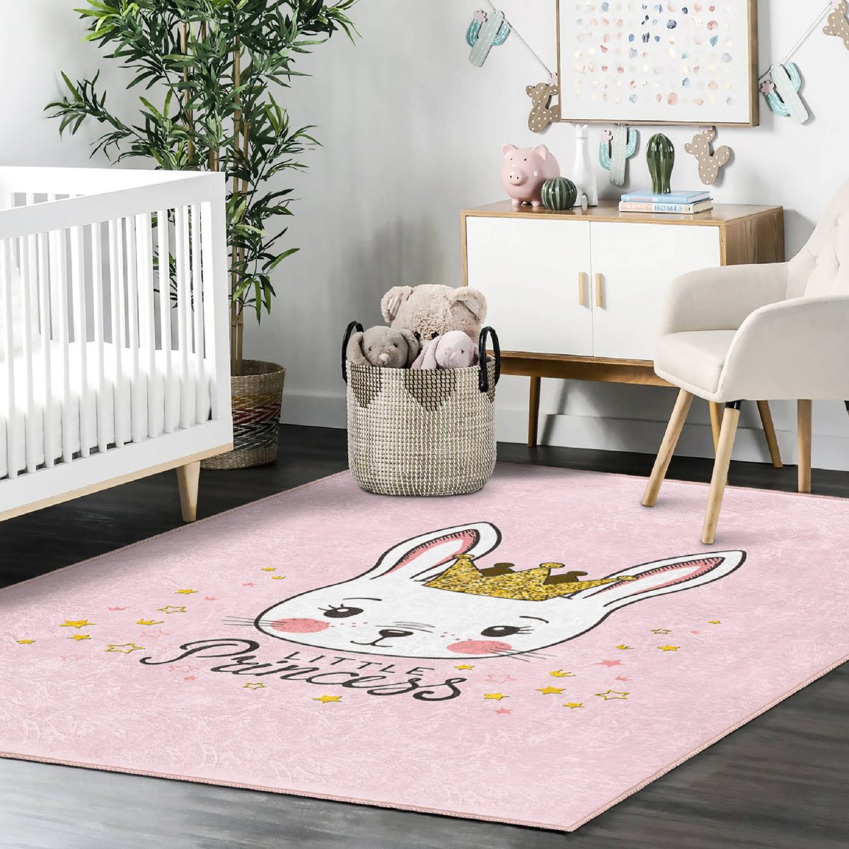 Pembe Zeminli Little Princess Desenli Çocuk & Genç Odası Makinede Yıkanabilir Kaymaz Tabanlı Pamuk Tabanlı Özel Ölçü Leke Tutmaz Dikdörtgen Çocuk Halısı Realhomes