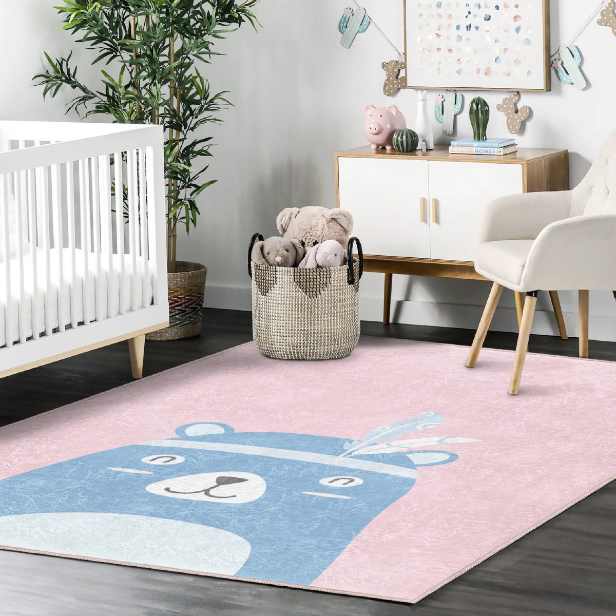 Pembe Zemin Baby Shower Yazılı Ayıcık Desenli Çocuk & Genç Odası Makinede Yıkanabilir Kaymaz Tabanlı Pamuk Tabanlı Dikdörtgen Özel Ölçü Çocuk Halısı Realhomes