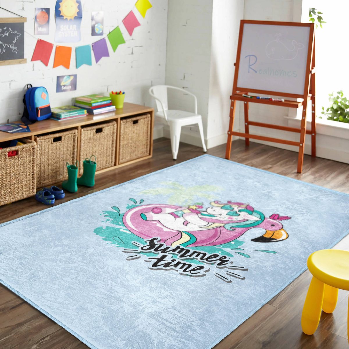 Mavi Zemin Flamingo Unicorn Temalı Çocuk & Genç Odası Makinede Yıkanabilir Kaymaz Tabanlı Pamuk Tabanlı Özel Ölçü Leke Tutmaz Dikdörtgen Çocuk Halısı Realhomes