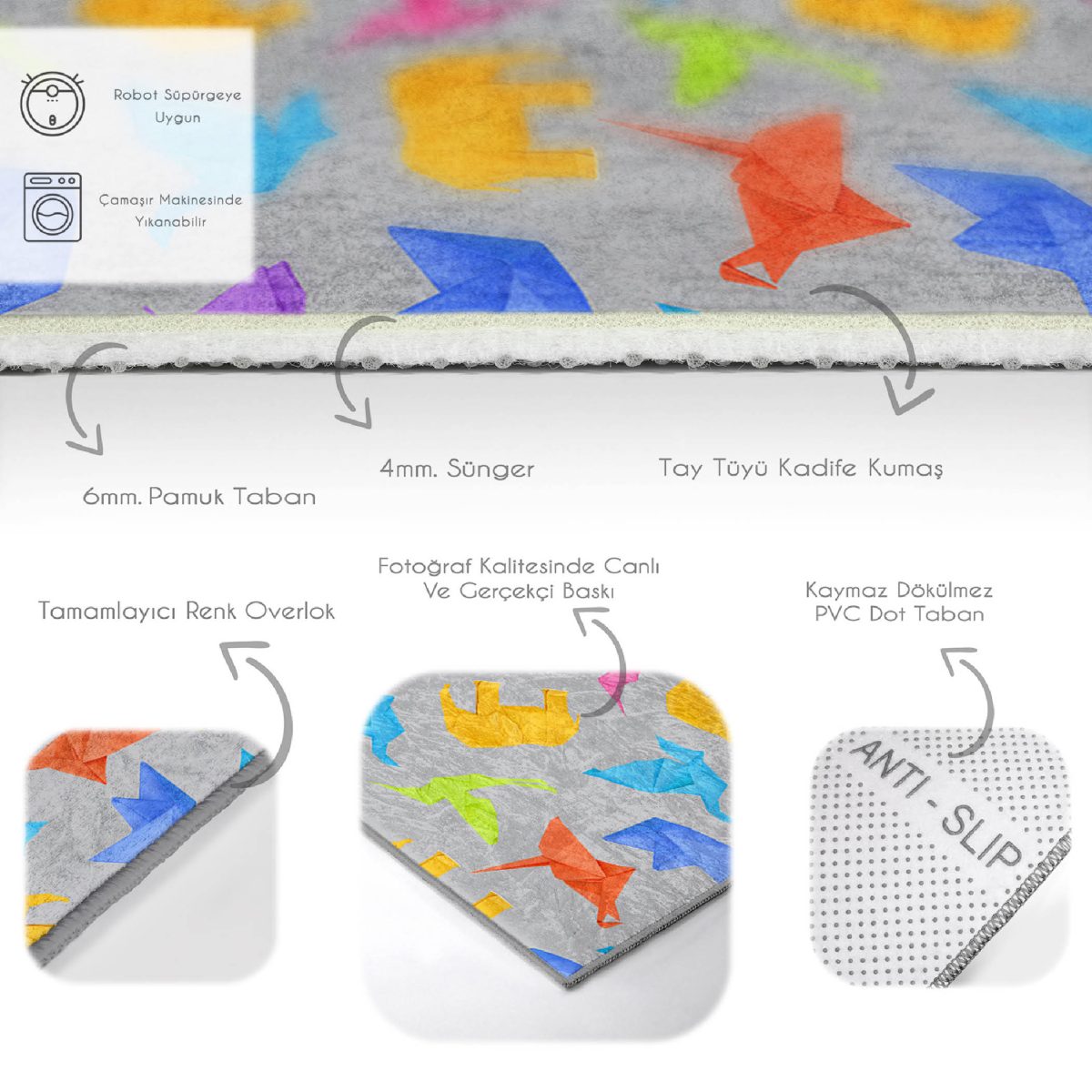 Gri Zeminli Origami Sanatı Çocuk & Genç Odası Makinede Yıkanabilir Kaymaz Tabanlı Dekoratif Pamuk Tabanlı Dikdörtgen & Kare Çocuk Halısı Realhomes