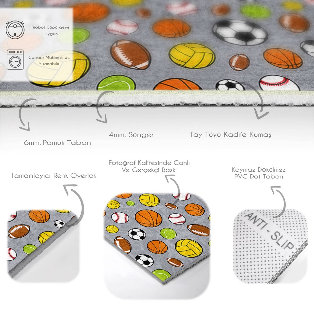 Gri Zeminde Spor Topları Çocuk & Genç Odası Makinede Yıkanabilir Kaymaz Tabanlı Pamuk Tabanlı Dikdörtgen Özel Ölçü Çocuk Halısı Realhomes