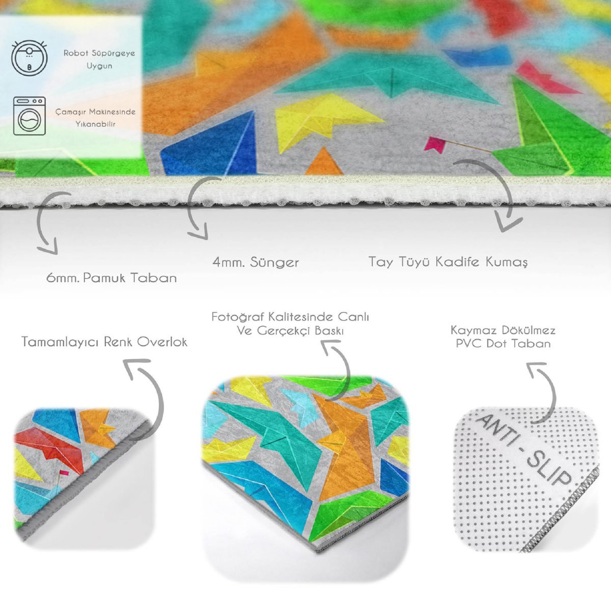 Gri Zeminde Origami Gemiler Çocuk & Genç Odası Makinede Yıkanabilir Kaymaz Tabanlı Özel Ölçü Dikdörtgen Pamuk Tabanlı Çocuk Halısı Realhomes