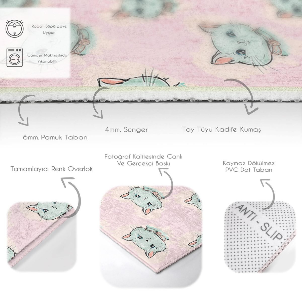 Pembe Zeminde Kedi Desenli Çocuk & Genç Odası Makinede Yıkanabilir Kaymaz Tabanlı Dikdörtgen & Kare Dekoratif Özel Ölçü Çocuk Halısı Realhomes