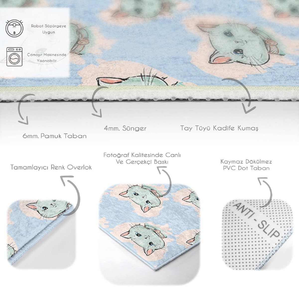Mavi Zeminde Kedi Desenli Çocuk & Genç Odası Makinede Yıkanabilir Kaymaz Tabanlı Dekoratif Pamuk Tabanlı Dikdörtgen Çocuk Halısı Realhomes