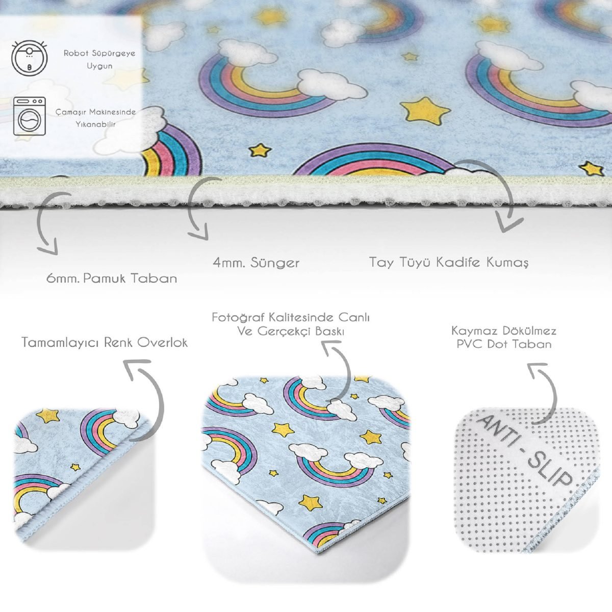 Mavi Zeminde Gökkuşağı Çocuk & Genç Odası Makinede Yıkanabilir Kaymaz Tabanlı Özel Ölçü Dekoratif Dikdörtgen & Kare Çocuk Odası Halısı Realhomes