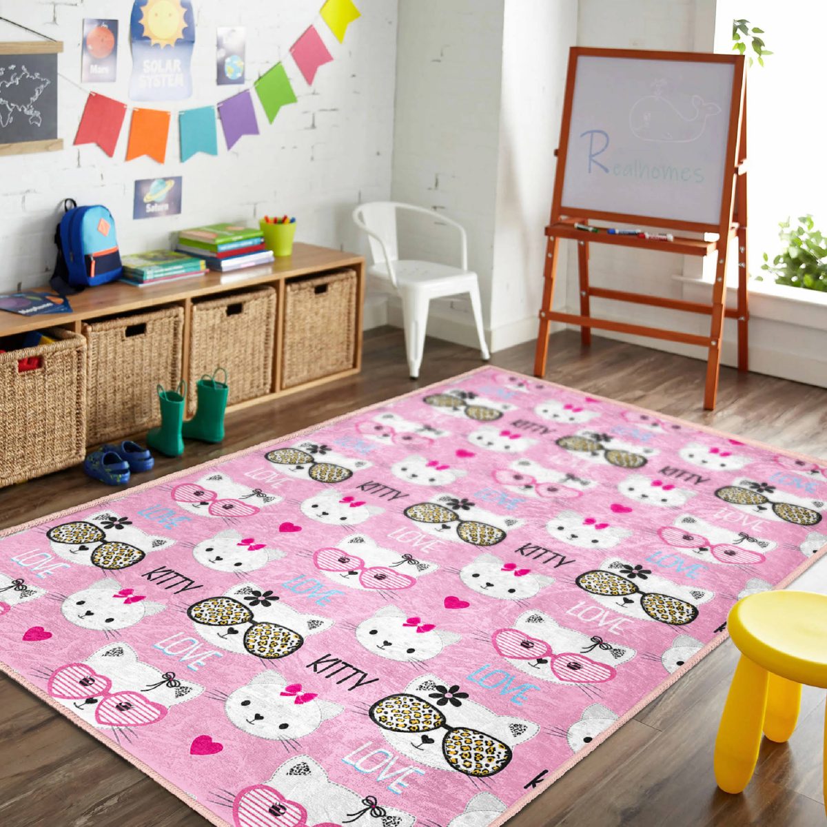 Hello Kitty Motifli Çocuk & Genç Odası Makinede Yıkanabilir Kaymaz Tabanlı Dikdörtgen Dekoratif Özel Ölçü Çocuk Halısı Realhomes