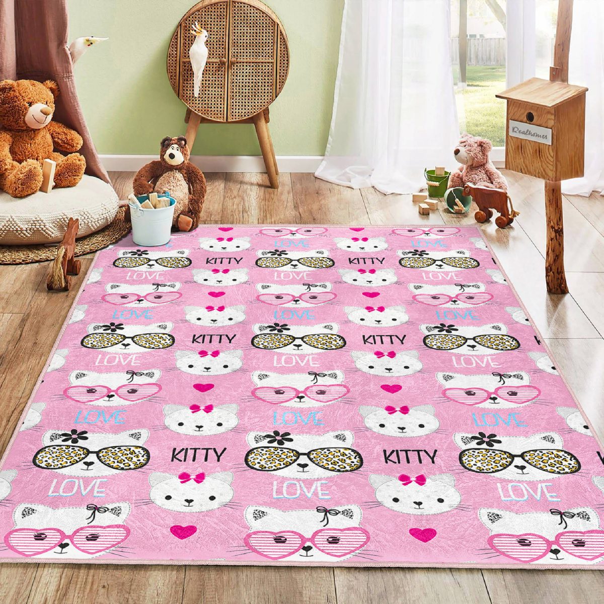 Hello Kitty Motifli Çocuk & Genç Odası Makinede Yıkanabilir Kaymaz Tabanlı Dikdörtgen Dekoratif Özel Ölçü Çocuk Halısı Realhomes